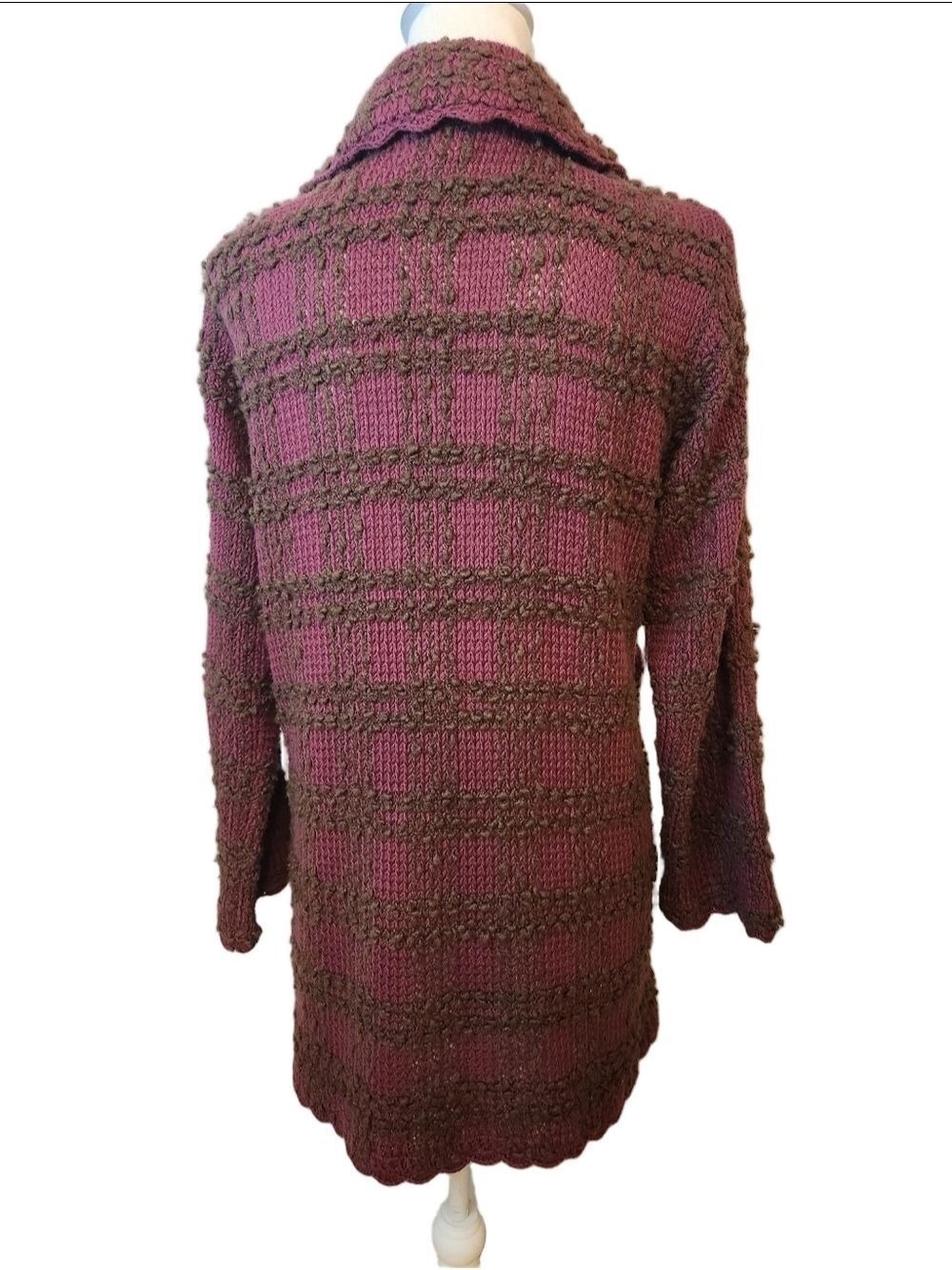 Vintage-Style Longline Knit Duster Cardigan - Plum & Brown Textured Empire Waist - Picture 9 of 15